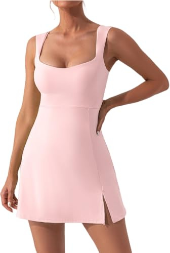Zesoyne Womens Tennis Dress Built in Bra Square Neck Sleeveless Workout Athletic Mini Short Dress Golf Summer Outfits M Pink