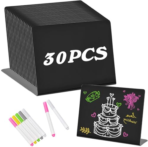 Kezidhp 30PCS Mini Ardoises Noires Effaçables 10x7,5 cm avec 6 Stylos à Craie - Réutilisables pour Buffet, Mariage, Boulangerie, Étiquettes de Prix, Événements - Facile à Écrire/Nettoyer
