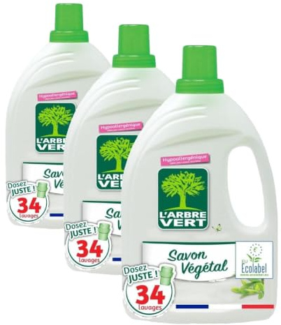 L'ARBRE VERT - Lessive Liquide au Savon Végétal - Hypoallergénique - Sans allergènes - 34 lavages - 1,5 L - Certifiée Écolabel Européen - Approuvée par les médecins allergologues de l’ARCAA (Lot de 3)