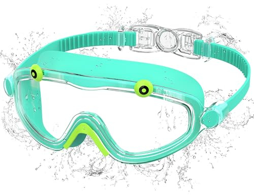 Ambienden Lunette Piscine Enfant Grande Monture Anti-Buée - Vision HD, Protection UV, Réglage 1-Touch Silicone - Lunettes de Natation Unisexe 3-10 Ans, Cyan