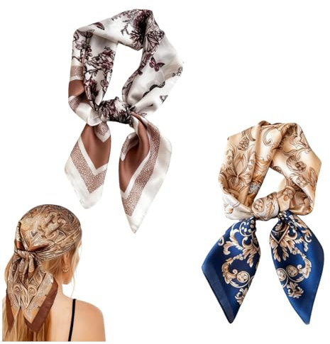 txuzong 2 Pièces Foulard Carré 70x70 cm - Bandana en Soie Imitation pour Femme - 2 Motifs Différents Bleu & Rouge - Accessoire Mode pour Cheveux, Cou et Vêtements