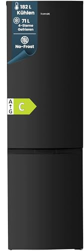 homeX Kühlschrank mit Gefrierfach No Frost, Kühl-Gefrier-Kombination freistehend, groß - 253 Liter, Super-Frost-Funktion, leise Kühlgefrierkombi, EEK C, Kühl Gefrierkombination, schwarz, CFSN2531C-B