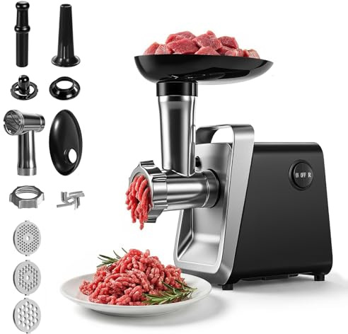 Yigowyigo Picadora de carne eléctrica, máquina de embutidos con 3 placas perforadas (de acero inoxidable), 1000 W picadoras de carne multifuncional para el hogar para salchichas y albóndigas de carne