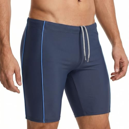 MANA MANA Bañador Hombre Piscina Largo Tipo Jammer, Bañador Natación Hombre Ajustado Secado Rápido, Resistente al Cloro, Protección UV, Cintura Elástica con Cordón, Azul Marino/Azul, Talla XL