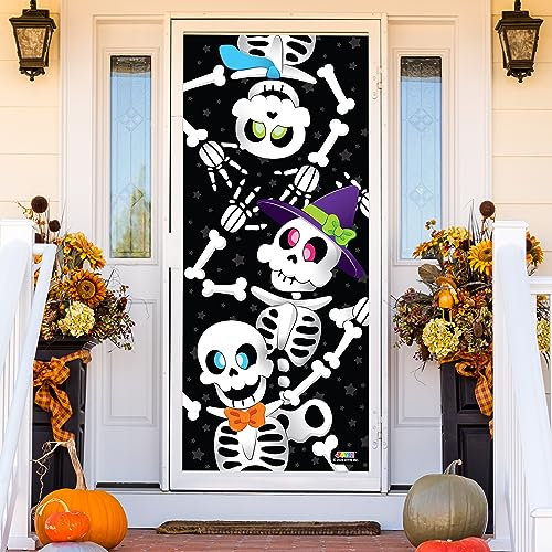 JOYIN - Cubierta de puerta con diseño 3D de esqueletos familiares, 80 x 180 cm, ideal para Halloween, para decorar puertas, ventanas y paredes.