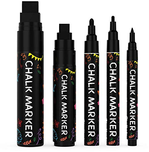 5 Black Chalkboard Chalk Pens - Black Dry Erase Markers for Blackboard, Chalkboard Signs, Windows, Glass | Variety Pack - Fine & Jumbo Size Ink Pen (1mm, 3mm, 6mm, 10mm, 15mm)