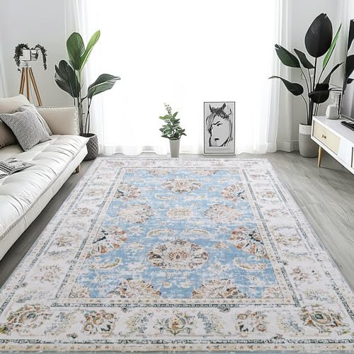 TOPICK Blau Teppich 120x180cm Wohnzimmer Waschbar Superdünne Vintage Blumen Kurzflor Lang Küche Schlafzimmer Wohnzimmer Mädchen Floral Antirutschunterlage Zusammenklappbar