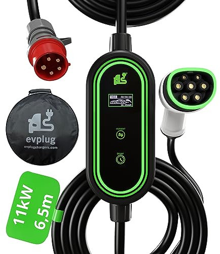 EVPLUG® Elektroauto-Ladegerät 11kW 6-16A 6,5 Meter, EV-Ladegerät Typ 2 mit dreiphasigem CEE-Stecker, tragbares Elektroauto-Ladegerät mit steuerbarer Digitalanzeige