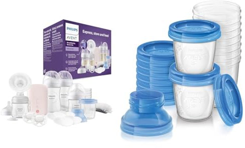 Philips Avent Elektrische Milchpumpe, Geschenkset & Avent Aufbewahrungssystem für Muttermilch, Becher inklusive Deckel, Adapter (Modell SCF618/10)