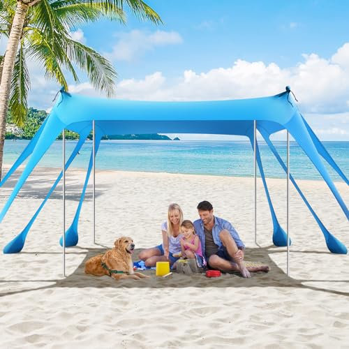 Rhino Valley Beach Tent, 7 x 6.5 FT Beach Shade UPF50+ Protection, Beach Canopy with 8 Sandbags 4 Stability Poles, Outdoor Beach Tent Sun Shelter Umbrella for Sand, Camping,Fishing Essentials,Sky Blue