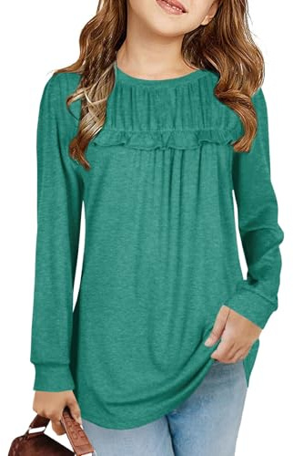 Camisetas para niñas, túnica con volantes, camisetas de manga larga, tops sueltos casuales, blusa suave y linda para niños, verde, 10-12 años