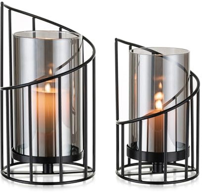 Candeldo - Portacandela antivento, colore nero, decorazione moderna, set da 2 pezzi, portacandele in metallo, portacandele antivento, per esterni, soggiorno, bagno, giardino, per interni ed esterni