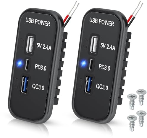 Linkstyle 3 portar 12 V USB-uttag, PD3.0 typ C QC3.0 USB A och 2,4 A USB A snabbladdningsadapter eluttag för bil marin lastbil – 2 st