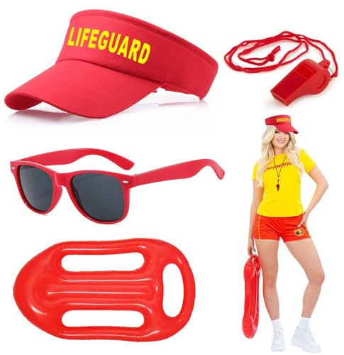 Tbczvx 4Pcs Lifeguard Accessories, Lifeguard Costume Red Set, Lifeguard Hat Guard Float Whistle Sunglasses, Lifeguard Costume Women & Men Fancy Dress Accessories for Adults Halloween Pool Party