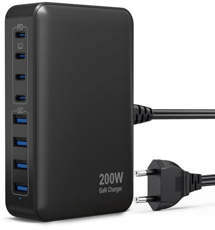 200W Cargador USB C Multiple, 8-Port GAN III Cargador USB C Carga Rápida PPS QC3.0 PD 65W Portátil Adaptador Compatible con MacBook Pro/Air/iPhone/ThinkPad, Galaxy S23/S22/Smartphone/Laptop