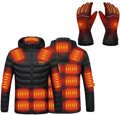 Heated Down Jacket with Heating Gloves UK Sale Clearance, Men Women Hooded Heated Coat 19 Heating Zones USB Electric Body Warmer Outerwear Waterproof Windproof Coats Set for Winter Camping Skiing