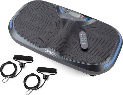 Gymtek® Vibrationsplatte bis 150kg - 2X 500W Motoren, 12 Stufen, 2 Expanderbänder - Bluetooth, Fernbedienung, LCD, Lautsprecher