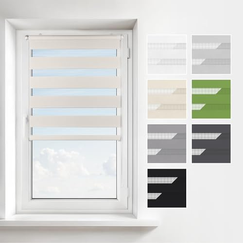 Estika Tenda a rullo giorno e notte senza forare - 140 x 150 cm - Crema - per interni, tessuto a doppio strato, semi-trasparente, fissaggio a morsetto (Klemmfix), protezione solare