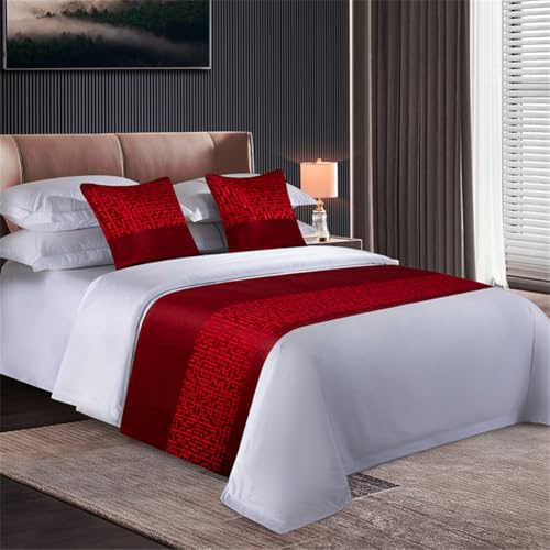 Odot Bettläufer mit Kissen Set, Bettläufer für den Fuß des Bettes mit Passende Kissenbezug Weich Mode Bettlaufer für Gästehaus Hotel Schlafzimmer Dekoration (50x210cm,Rot)