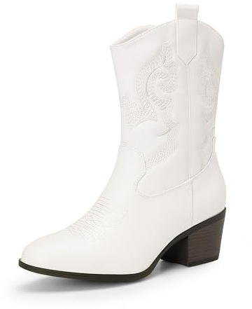 DREAM PAIRS Mid Calf Cowboy Cowgirl Boots for Women,White,9