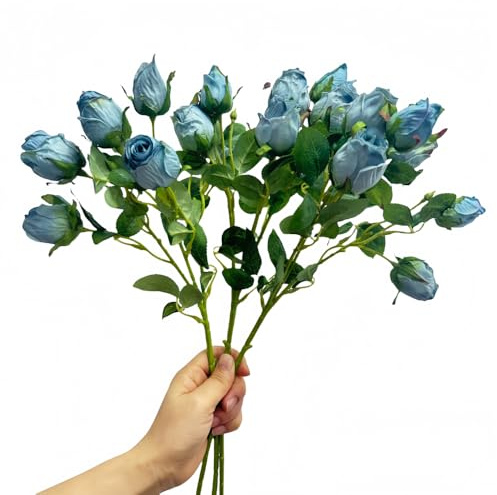 7 huvuden konstgjorda blommor torkade rosor med stjälkar, 45 cm lång torkad blomma konstgjord ros, silkesrosor för bröllopsbuketter, bordsuppsats, fest, heminredning, möhippa dekorationer (3 st, blå)