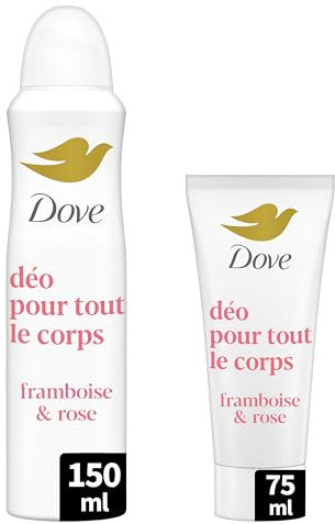 Lot de 2 Déodorant pour Tout le Corps - Framboise & Rose - Anti Odeurs et Traces Blanches - Conçu pour les Peaux Sensibles - 1 Spray 150ml & 1 Crème 75ml