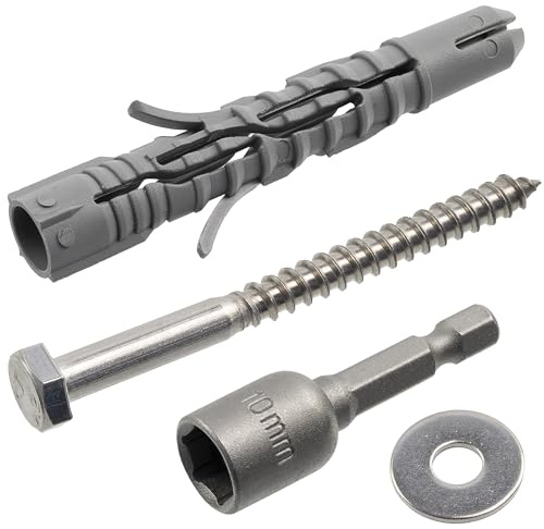 AERZETIX - Kit di 8 tasselli in nylon Ø10x70 mm + 8 viti tirafondo Ø6x70 mm inossidabile A2 + 8 rondelle larghe A2 per vite M6 + 1 bussola esagonale interna 1/4 SW10