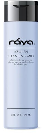 Raya Azulen Facial Cleansing Milk 8 oz (150) | Calming and Refining, Soap-Free Fluid Cleanser and Make-Up Removing Lotion | Made with Azulene Extract and Aloe Vera | Great for Sensitive Skin