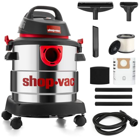 Shop-Vac 5989305 Wet/Dry Vacuum, 5 Gallon, 4.5 Peak HP Stainless Steel Vacuum, 1.25 Inch Diameter x 7 Foot Hose, 6 Ft Cord Length, Ideal for Jobsite, Garage, Car & Workshop