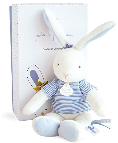 DOUDOU ET COMPAGNIE - Peluche Lapin Tout Doux avec Tshirt Marin - 25 cm - Bleu et Blanc -Collection Perlidoudou - Idée Cadeau de Naissance- Avec Boite Cadeau - Garantie Doudou Perdu - DC3517