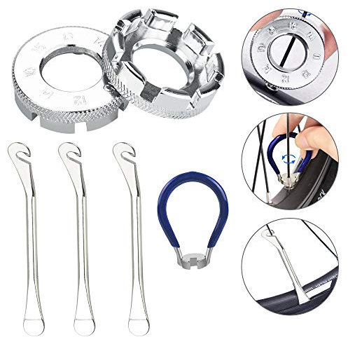 PERFETSELL Kit de Llave Radios Bicicleta(6 Pcs) 2 Llave para Rayos de Bicicleta (10G~15G) 1 Llave para Radios Bicicleta 14G Ajustador de Radios Bicicleta + 3 Palanca de Acero Herramienta para Radios