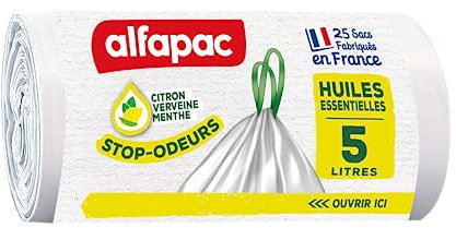 ALFAPAC - 25 sacchetti per la spazzatura 5L a legame scorrevole stop-odori, con oli essenziali: limone, verbena, menta - made in France