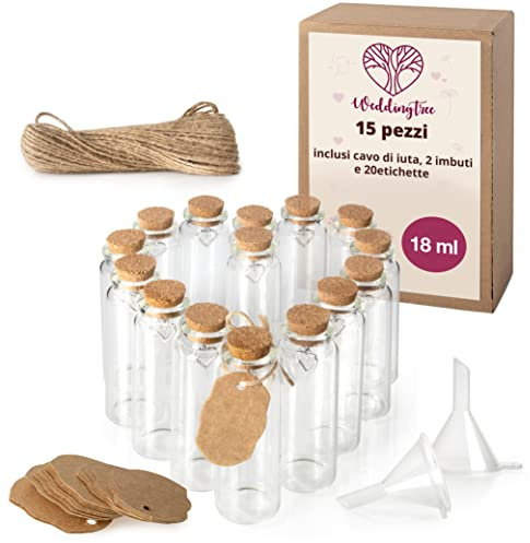 WeddingTree 15x Mini Glasflaschen mit Korken 18ml - Kleine Glasflaschen zum Befüllen - Reagenzglas mit Korken Glas für Hochzeit - Gewürzgläser klein - Mini Gläser mit Korken als Gastgeschenke Hochzeit