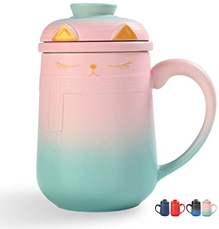TEANAGOO teetasse mit deckel und sieb, 460 ML, Farbverlauf rosa bis grün, japanische Keramikbecher Set, Teebecher mit Deckel, Keramik niedlichen japanischen Becher mit Deckel