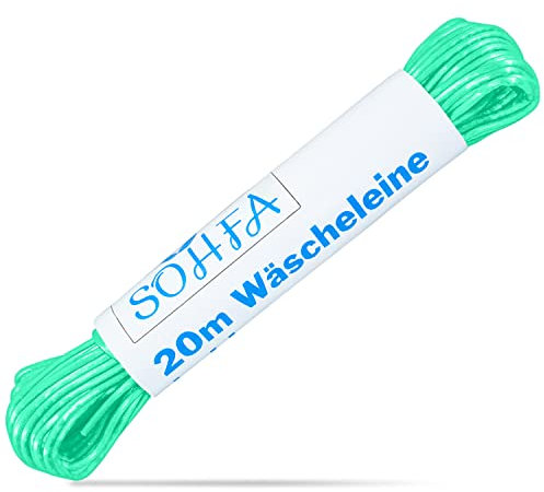 SOHFA 20m Wäscheleine in Grün - Camping Wäscheleine | Robuste Reise-Wäscheleine für Wohnmobil, Camping, Haushalt und Garten | mit Polyesterkern und Kunststoffummantelung