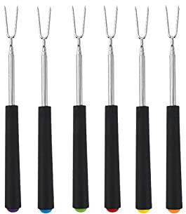 Marshmallow-Bratstäbchen, Set mit 12 Grillwerkzeug, ausziehbare Lagerfeuer-Gabeln, schwarze tragbare Grillgabeln, Edelstahl-Hot-Dog-Spieße