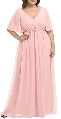 Pinup Fashion Vestido Largo Formal de Gasa con Doble Cuello en V y Cintura Imperio para Fiesta de Noche, Talla Grande | Elegante cuello en V y mangas con vuelo, cintura imperio, vestido de noche acampanado, madre de novia/novio, dama de honor