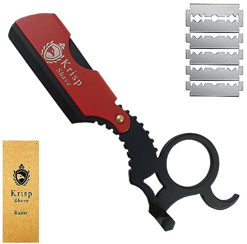 Professional Straight Razors For Men, Barber Razors Straight Edge Razor Kit For Close Shaving - Beard Cut Throat Finger Razor Safety Shavette With 10 Shaving Blades By Krisp Beauty (Black/Red)