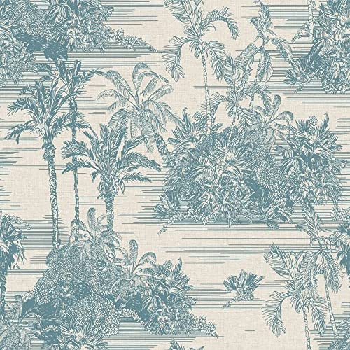 Muriva Eden Tropical Toile Palm Trees Wallpaper Blue M37311