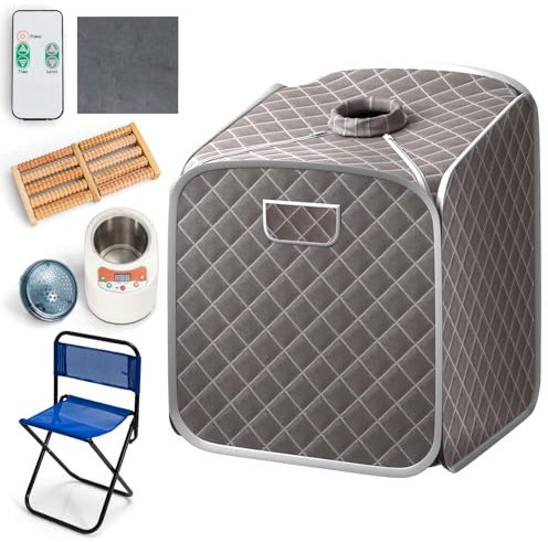 RELAX4LIFE Portable Steam Sauna, Folding Full Body Spa Sauna Tent with 9 Levels Temperature, Timer, 1000W Generator, Chair & Foot Massage Roller, Personal Slimming Detox Therapy Sauna Cabin (Grey)