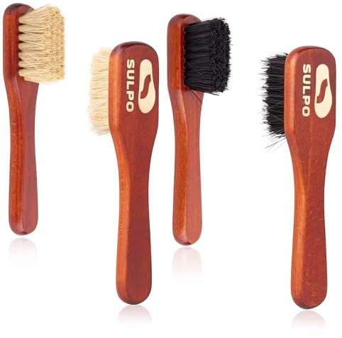 SULPO Spazzola Scarpe applicazione di lucido e creme - Kit pulizia scarpe pelle - Spazzola setole morbide - Pulizia scarpe pelle - Set di 4 - Color nero/naturale
