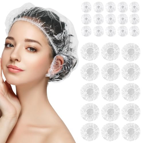 100 Stück Einweg Duschhaube, 100 Stück Ohrenschützer, Wasserdichte Duschhaube & Ohrenschützer mit Elastischen Bändern für Zuhause und Hotel, Haarfarbe, Dusche, Bad, Spa, Friseursalon (Transparent)