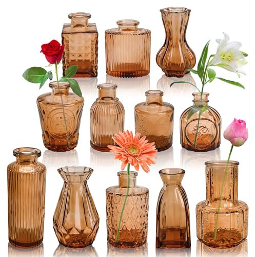Der Rose Lot de 12 petits vases à bourgeons ambrés en verre pour centres de table, mini vases vintage pour mariage rustique, décoration de table d'intérieur