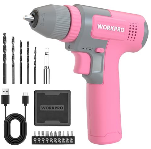 WORKPRO 8V Cordless Drill Driver, 3/8 Keyless Chuck Electric Drill, 12 N.m Max Combi Drill, 2Ah Rechargeable Battery, 16 Pieces Accessories, Pink