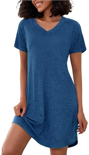 Marvmys Chemise De Nuit Femme Manches Courtes Col v Robe Nuit en Coton à Rayures Vetements De Nuit Confortables pour Femmes S-4XL
