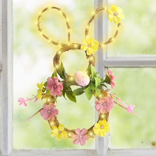 35 cm Ghirlanda pasquale con uova, ghirlanda artificiale per porta, ghirlanda con uovo di Pasqua e luce LED, ghirlanda a forma di coniglio per primavera, ideale per decorazione pasquale, decorazione