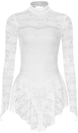 Moggemol Figure Skating Dress for Women Mock Neck Lace Ice Skating Skirt Ballet Dance Leotard Dress Ivory M