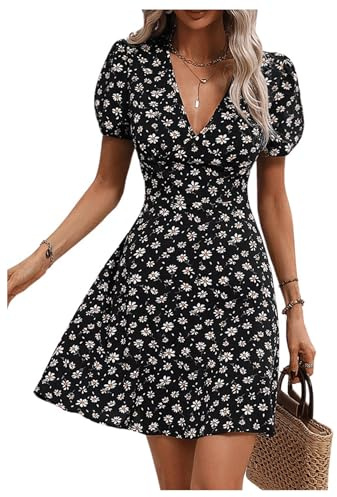 GORGLITTER Women's Floral A Line Flared Flowy Mini Dresses V Neck Puff Short Sleeve High Waist Beach Dress