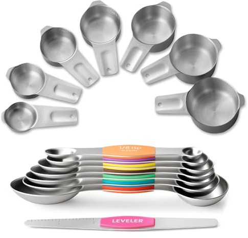 Stainless Steel Measuring Cups & Spoons Set, EWFEN Kitchen Tools Nesting Measuring Cups and Spoons, Fits in Spice Jars for Baking & Cooking, BPA Free, Set of 15 with Leveler, Multicolor