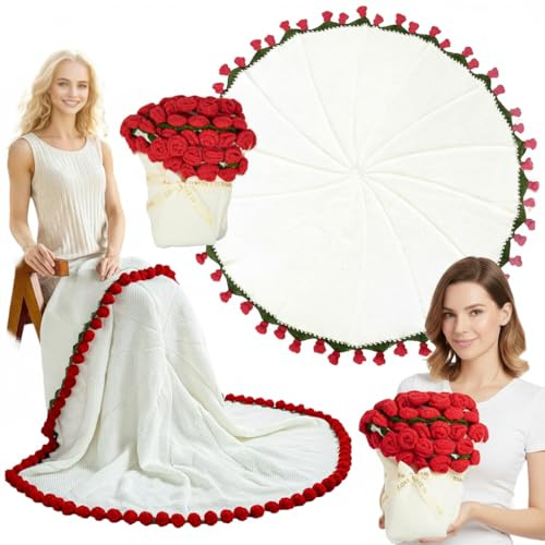 lomonmen Coperta per Bouquet di Fiori, 110cm Coperta con Rose Fatte a Mano con 68 Fiori per Festa della Mamma, San Valentino, Decorazione per Casa, Rosso